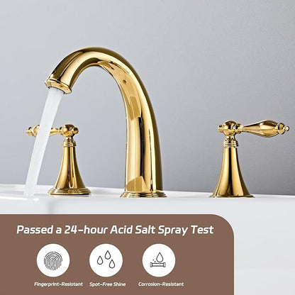 Gold Bathroom Faucet Widespread 3 Hole, 6–16 Inch Vanity Sink with 2 Handles, Drip-Free Ceramic Disc Valve, Solid Brass, Push Pop-Up Drain Assembly Included