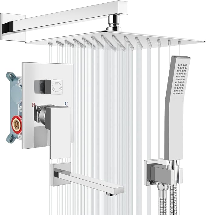 gotonovo Bathtub Shower Faucet Set, 12 Inch Shower Head, Polish Chrome | Wall Mounted Shower System with Tub Spout for Bathroom, Square High Pressure Rain Shower head with Handheld Spray, All Metal