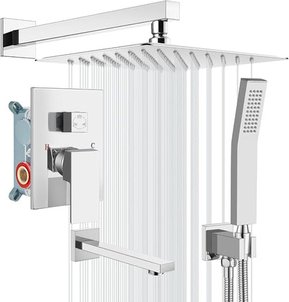 gotonovo Bathtub Shower Faucet Set, 12 Inch Shower Head, Polish Chrome | Wall Mounted Shower System with Tub Spout for Bathroom, Square High Pressure Rain Shower head with Handheld Spray, All Metal