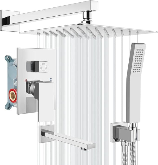 gotonovo Bathtub Shower Faucet Set, 12 Inch Shower Head, Polish Chrome | Wall Mounted Shower System with Tub Spout for Bathroom, Square High Pressure Rain Shower head with Handheld Spray, All Metal