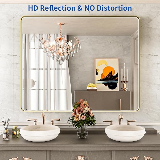WEER 40X32 Inch Gold Bathroom Vanity Mirror | Rounded Rectangle Gold Mirror, Brushed Gold Metal Frame, Tempered Glass, Anti-Rust, Hangs Horizontally or Vertically