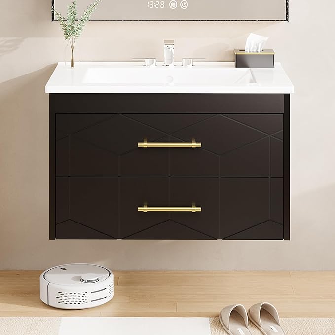 Garvee 24" Bathroom Vanity with Sink, Floating Bathroom Vanity with Ceramic Basin, 2 Large Storage Drawers with Gold Metal Handle, Modern Wall Mounted Bathroom Cabinet with Sink, Black