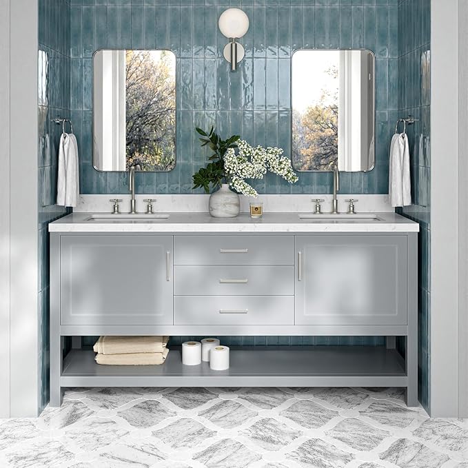 ARIEL Bayhill 72-inch Bathroom Vanity with Sink,Solid Wood, 1.5-inch Carrara White Quartz Countertop & Backsplash, Double Rectangular Porcelain Sink, 2 Soft Closing Doors, 3 Dovetail Drawers, Grey
