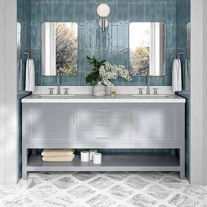 ARIEL Bayhill 72-inch Bathroom Vanity with Sink,Solid Wood, 1.5-inch Carrara White Quartz Countertop & Backsplash, Double Rectangular Porcelain Sink, 2 Soft Closing Doors, 3 Dovetail Drawers, Grey