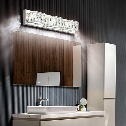 Modern Bathroom Vanity Lights - Crystal 3 Light Vanity Lighting Fixtures - Chrome Bathroom LED Light Fixture Over Mirror 6000K Cool White Light