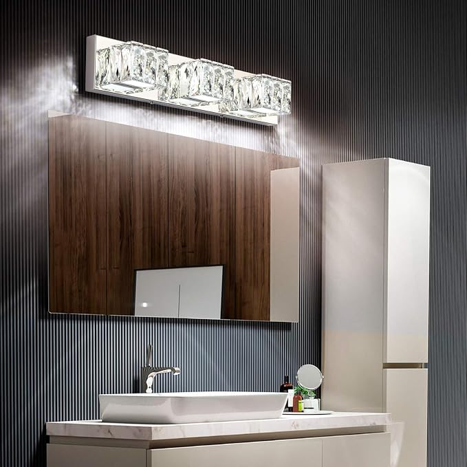 Chrome Bathroom Light Fixtures - Crystal 3 Lights Modern Bathroom Vanity Light - 18 Watt Dimmable LED Vanity Lights for Small Bath
