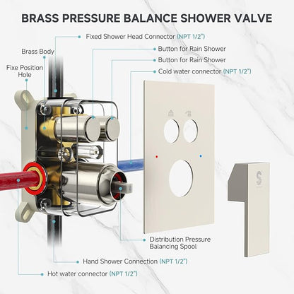 SR SUN RISE Shower System with Push Button Diverter, Wall Mounting Luxury 10 Inch Rain Shower Head with Handheld Spray, High Pressure Shower Faucet Combo Set with Rough-in Valve, Brushed Nickel