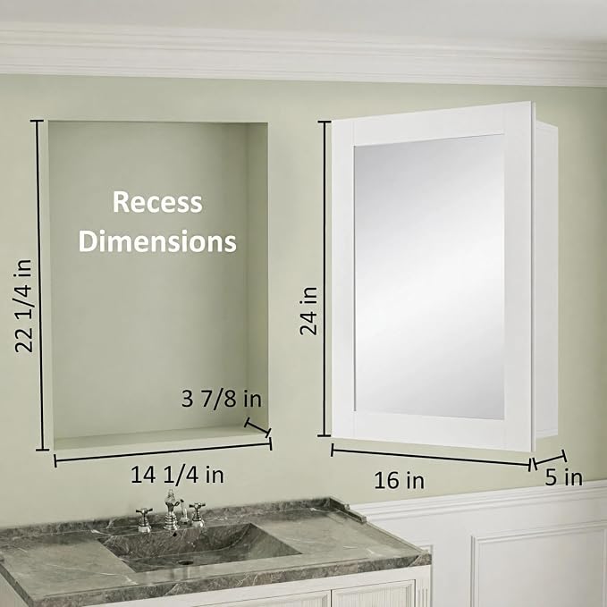 Buruis 16 x 24 Inch Bathroom Wood Medicine Cabinet Mirror, White | Fully Assembled Design, Adjustable Glass Shelves, Soft-Close Hinges, Bathroom Storage Organizer, Left/Right Opening