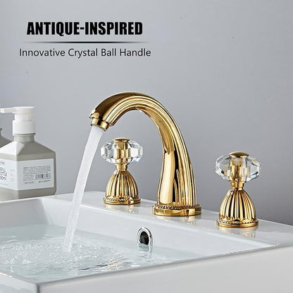 Wovier Shiny Polished Gold Widespread Bathroom Sink Faucet,Two Handle Three Hole Brass Lavatory Vanity Faucet,8-16 Inch Basin Mixer Tap
