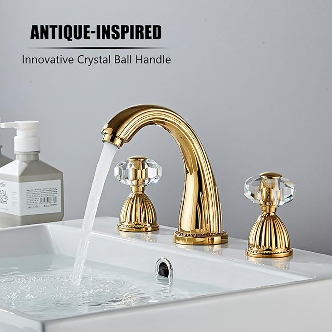Wovier Shiny Polished Gold Widespread Bathroom Sink Faucet,Two Crystal Handle Three Hole Brass Lavatory Vanity Faucet,8-16 Inch Basin Mixer Tap Without Drain