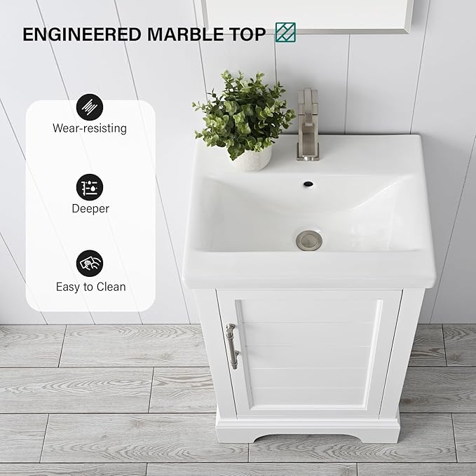 HOMEBEYOND 20 Inch Bathroom Vanity with Single Sink & Ceramic Top, Vanity Cabinet with Center Countertop Basin, Soft-Closing Doors, White