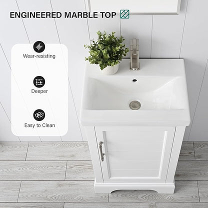 HOMEBEYOND 20 Inch Bathroom Vanity with Single Sink & Ceramic Top, Vanity Cabinet with Center Countertop Basin, Soft-Closing Doors, White