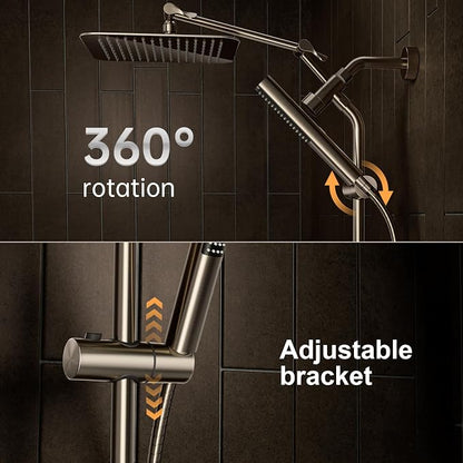 Veken All Metal 10" Luxurious Brushed Nickel Rain Shower Head with Handheld | Dual High Pressure Shower Heads, Power-wash Hand Held with Hose,Double Detachable Showerhead,Square Rainfall,Bathroom Upgrade