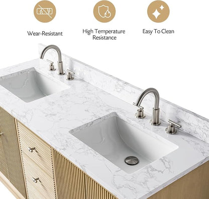 Vanity Art 60" Bathroom Vanity with Double Sink & Arabescato White Engineered Stone Top, Vanity Cabinet with Soft Closing Door, Solid Wood Frame, Golden Brushed Handles, Natural Oak VA8160D-NO-GB