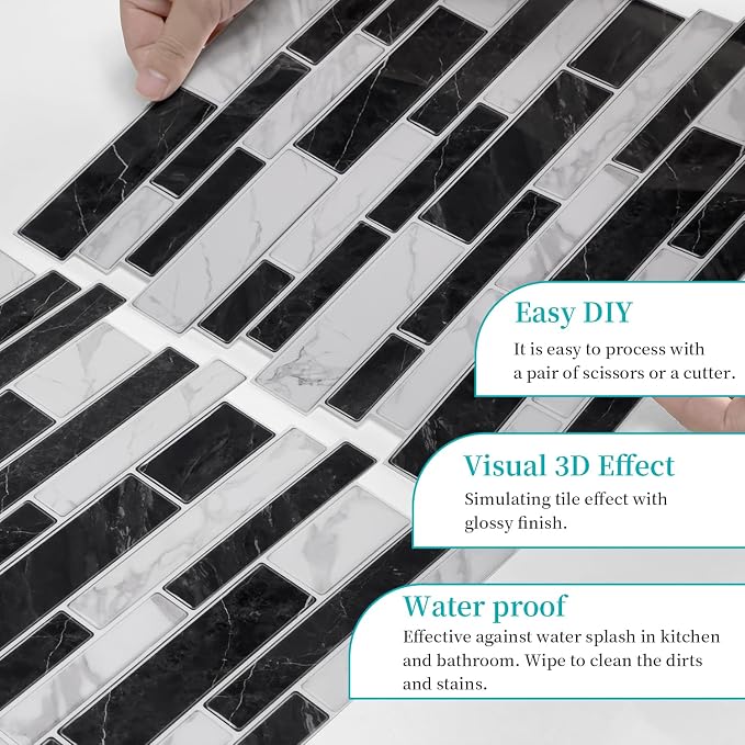 Alwayspon 10 Sheets 12" x12inch Black and White Marble Effect Vinyl Tiles, Backsplash, Self-Adhesive Peel and Stick Wall Tile Stickers, Stick on Subway Tiles for Kitchen Bathroom Wall Decor