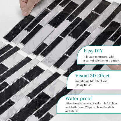 Alwayspon 10 Sheets 12" x12inch Black and White Marble Effect Vinyl Tiles, Backsplash, Self-Adhesive Peel and Stick Wall Tile Stickers, Stick on Subway Tiles for Kitchen Bathroom Wall Decor