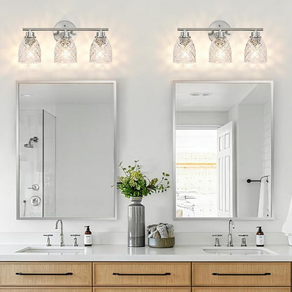 3-Light Bathroom Light Fixtures, Brushed Nickel Vanity Lights Over Mirror | Modern Farmhouse Wall Sconces with Hammered Glass Lampshade for Kitchen Hallway Bedroom Living Room Cabinet Porch-18.1IN