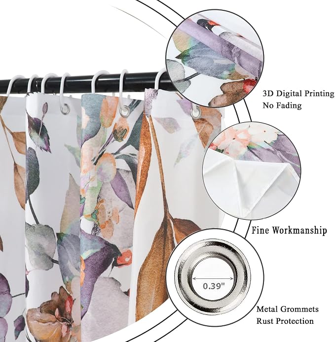 Leaf Shower Curtain, Light Purple and Tan Eucalyptus Leaves Botanical Plants on The Top Fabric Bathroom Curtain Home Decor Waterproof Washable with 12 Hooks 72.00'' x 65.00'' (GCI-8612)