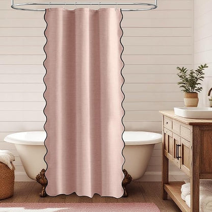 BTTN Boho Stall Shower Curtain, 36x72 Scalloped Linen Textured Heavy Duty Fabric Shower Curtain Set with 6 Plastic Hooks, Half Cute Modern Waterproof Cloth Shower Curtains for Bathroom, Blush Pink