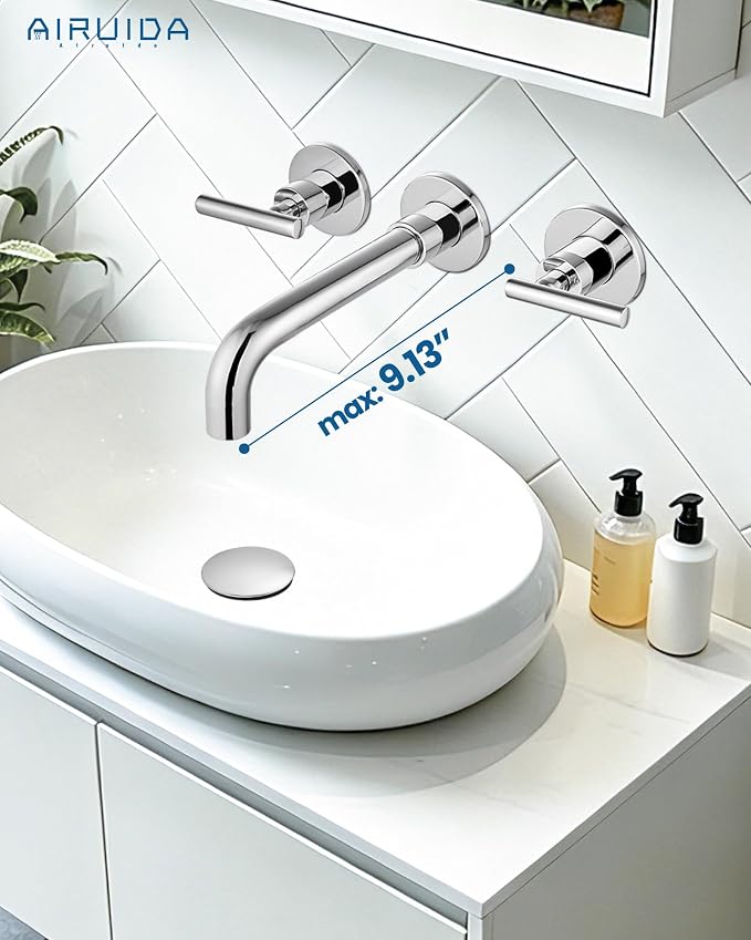 Airuida Wall Mounted Bathroom Sink Faucet,Chrome Polish Vanity Sink Faucet | Lever Handle,3 Holes,360° Widespread Swivel Spout,Rotatable Bathroom Faucet
