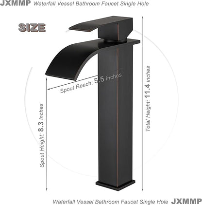 Oil Rubbed Bronze Bathroom Vessel Sink Faucet, JXMMP Single Hole Waterfall Bathroom Faucet with Supply Hose and Pop Up Drain Assembly, Tall Waterfall Faucet for Bathroom Sink, JXM1221ORB