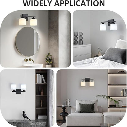 2-Light Matte Black Vanity Light, Modern Bathroom Light Fixtures Over Mirror, Vanity Light with Milky White Glass Shades, Farmhouse Black Wall Sconce, E26 Socket