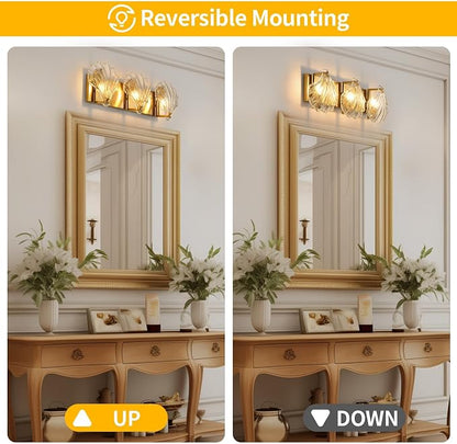 Bathroom Light Fixtures, 3-Lights Vanity Lights Over Mirror, Modern Bathroom Wall Light with Clear Shell Shaped Glass Shades, Gold Wall Sconces for Bedroom Living Room Kitchen Hallway