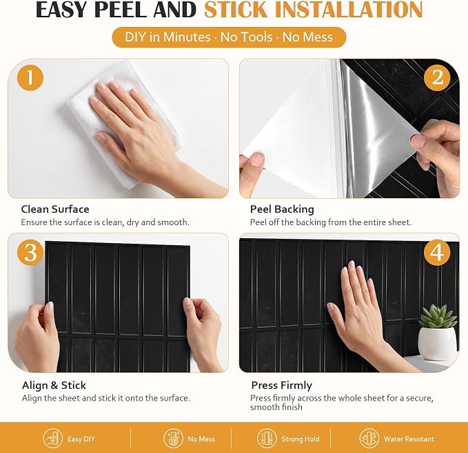 JOLOV 10 Pack Peel and Stick Backsplash Tiles, Waterproof 3D Stickers | Thicker self-adhesive 3D tile stickers for kitchen and bathroom walls; removable, waterproof and easy to install.