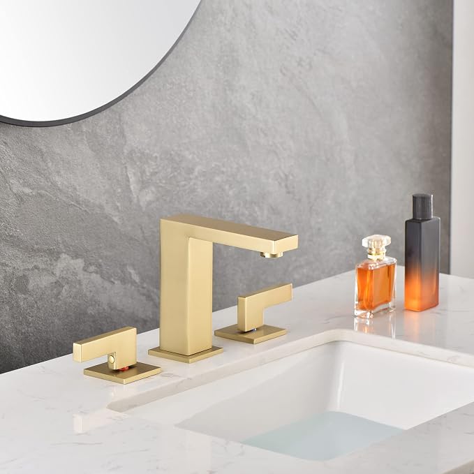 sumerain Brushed Gold 8 Inch Widespread Bathroom Faucet 2 Handle Lavatory Faucet Solid Brass, with Quick Connect Hose