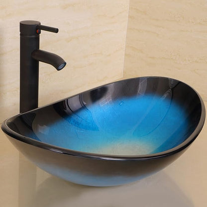 wonline Bathroom Oval Tempered Glass Vessel Sink with Oil Rubbed Bronze Faucet and Drain Combo Black and Blue Boat