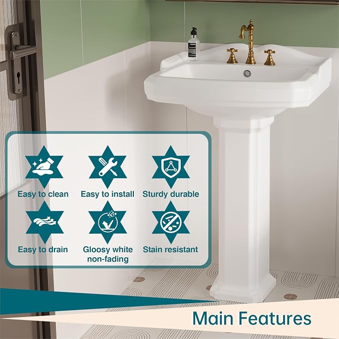 GarveeHome Porcelain Pedestal Sink Combo for Bathroom, White 26" Sink with Backsplash, 23" x 19" Basin Size, 35" Height with 3 Faucet Holes and Overflow