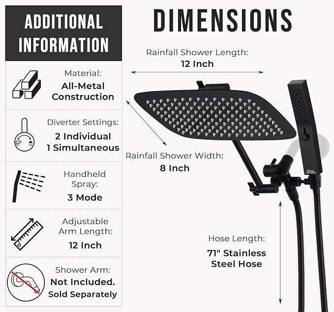G-Promise All Metal 12" Rain Shower Head with Handheld for Bathroom Upgrade | All Metal, Built to Last, Easy Install, Adjustable Height & Angle for All Heights, Extra Long Hose, Modern Upgrade
