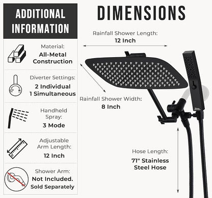 G-Promise All Metal 12" Rain Shower Head with Handheld for Bathroom Upgrade | All Metal, Built to Last, Easy Install, Adjustable Height & Angle for All Heights, Extra Long Hose, Modern Upgrade