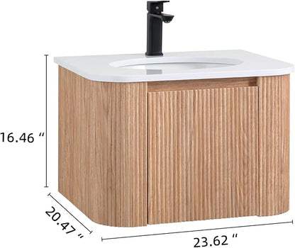 24 Inch Wall Mounted Bathroom Vanity with Ceramic Sink, Pre-Assembled Floating Vanity Cabinet with Marble Countertop, Wave Texture Finish & Drawer, Wood