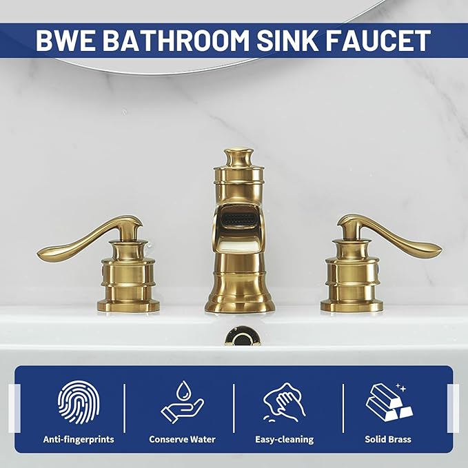 BWE Widespread Bathroom Faucet 3 Hole Brushed Gold Bathroom Sink Faucet 8 Inch Two Handles Vanity Faucet with Pop Up Drain Assembly and Supply Hose