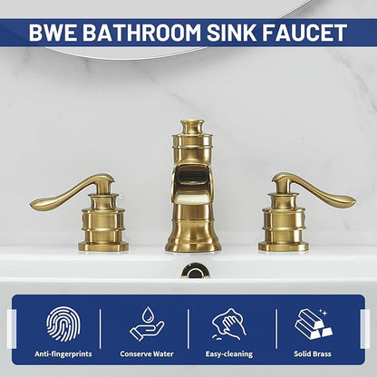 BWE Widespread Bathroom Faucet 3 Hole Brushed Gold Bathroom Sink Faucet 8 Inch Two Handles Vanity Faucet with Pop Up Drain Assembly and Supply Hose