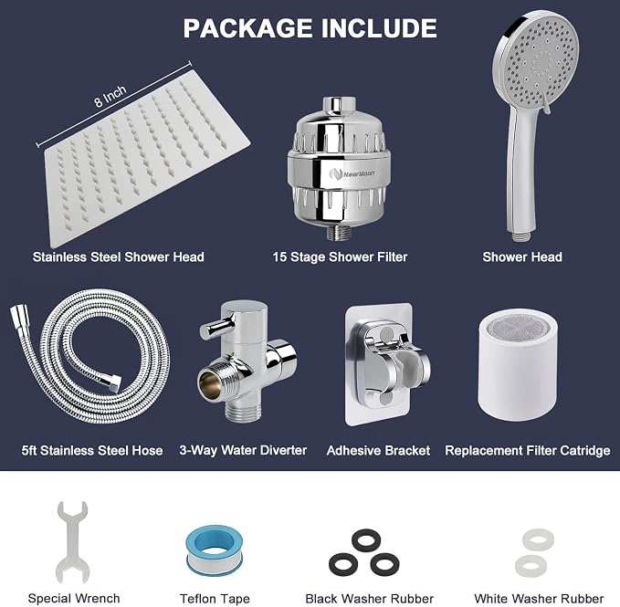 NearMoon Filtered Shower Head, High Pressure 8″Square, 5 settings Handheld Rain Shower Filter Combo with Self-adhesive Holder/1.5M Hose -1 Replaceable Filter Cartridge (Chrome Finish)
