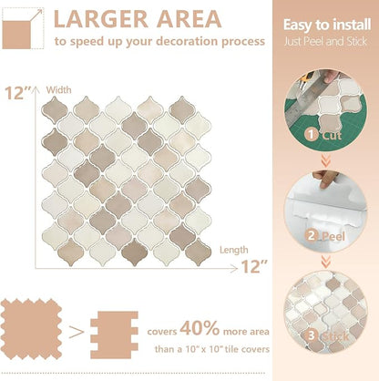 STICKGOO Arabesque Peel and Stick Backsplash, 12”X12” Backsplash Tile for Kitchen Peel and Stick, Self Adhesive Wall Tile Stick on Tiles (Brown Beige)