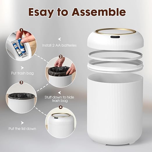 Procade Motion Sensor Trash Can with Lid,Small Automatic Trashcan Bathroom | 3 Gallon Touchless Sensor Trash Bin,White and Gold Garbage Can,Electric Round Plastic Waste Basket for Bedroom,Office,Dorm,RV