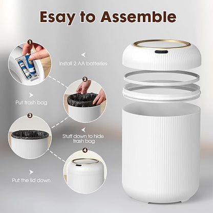Procade Motion Sensor Trash Can with Lid,Small Automatic Trashcan Bathroom | 3 Gallon Touchless Sensor Trash Bin,White and Gold Garbage Can,Electric Round Plastic Waste Basket for Bedroom,Office,Dorm,RV