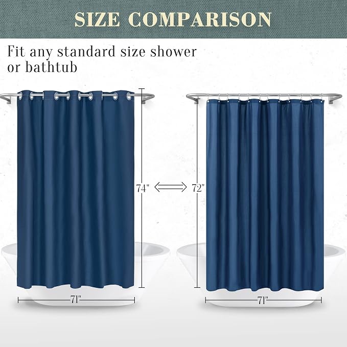 No Hook PEVA Shower Curtain or Liner, Standard Size 71x74, Navy Blue | 8G Heavy Duty, Blue Bathroom Shower Curtain, No Hooks Required, Waterproof Plastic & PVC Free