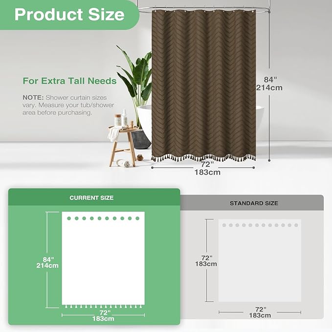 Dynamene Extra Long Shower Curtains, 84 Inches Long Boho Tufted Chevron Striped Fabric Shower Curtains for Bathroom, Tall Minimalist Chic Waterproof Cloth Shower Curtain Set with Hook, Brown, 72x84