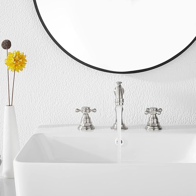 GGStudy Two Handles Three Holes Faucet 8-16 inch Widespread Bathroom Sink Faucet Brushed Nickel Basin Tap Mixer Faucet Matching Metal Pop Up Drain