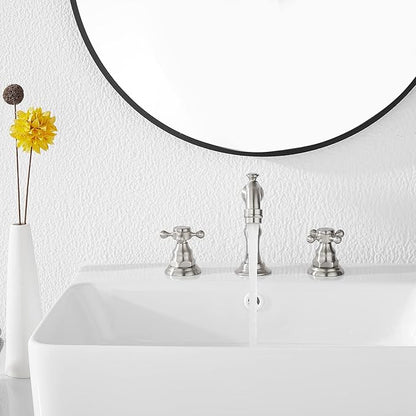 GGStudy Two Handles Three Holes Faucet 8-16 inch Widespread Bathroom Sink Faucet Brushed Nickel Basin Tap Mixer Faucet Matching Metal Pop Up Drain