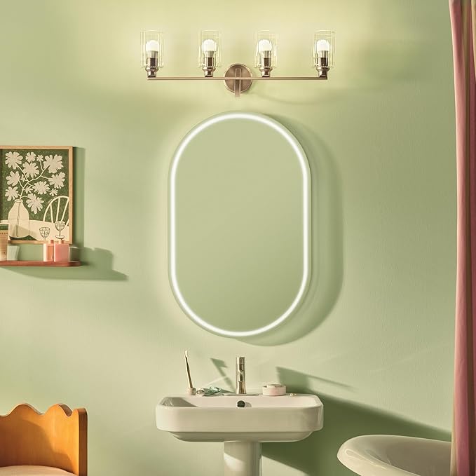 Kichler Gioe 32.25" 4-Light Vanity Light with Clear Fluted Glass in Champagne Bronze, Damp Rated, for Bathroom, Powder Room, Over a Mirror, (32.25" W x 10.5" H), 55227CPZFLU