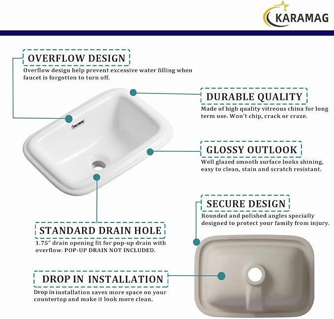 Bathroom Vessel Sink 18 Inch Drop In Bathroom Sink Rectangular Semi Recessed Bathroom Sinks with Overflow White Ceramic Modern Sinks Bowl Vanity Above Counter Basin (17.9"x12.4")