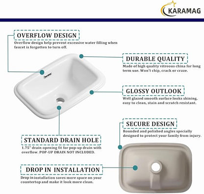 Bathroom Vessel Sink 18 Inch Drop In Bathroom Sink Rectangular Semi Recessed Bathroom Sinks with Overflow White Ceramic Modern Sinks Bowl Vanity Above Counter Basin (17.9"x12.4")