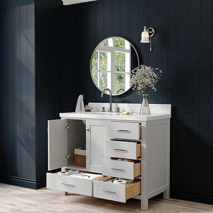 ARIEL Cambridge 42-inch Bathroom Vanity with Sink,Solid Wood, 1.5-inch Italian Carrara Marble Countertop & Backsplash, Single Oval Porcelain Sink, 2 Soft Closing Doors, 5 Dovetail Drawers, Grey