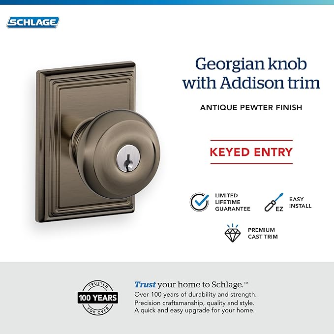 SCHLAGE F51A GEO 620 ADD Georgian Knob with Addison Trim Keyed Entry Lock, Antique Pewter