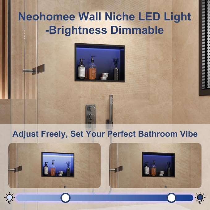 RGB LED Light Shower Niche, Matte Black 18X12 in Stainless Steel Recessed Storage with Remote Control, Waterproof No Tile Needed Wall Niche for Bathroom Storage Built-in Installation